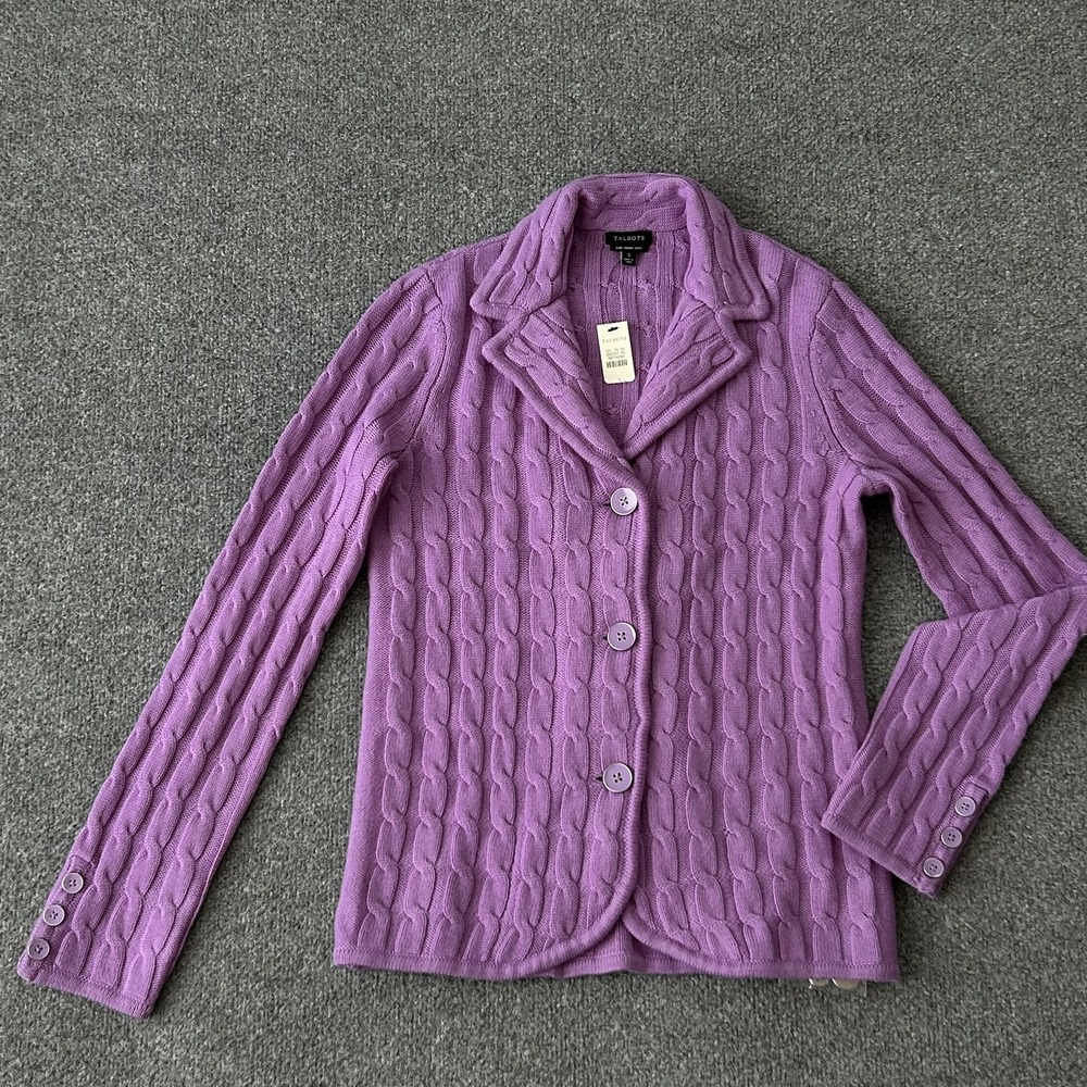 Talbots Sweater Cardigan Womens Small Purple 100% Merino Wool Cable Knit Blazer